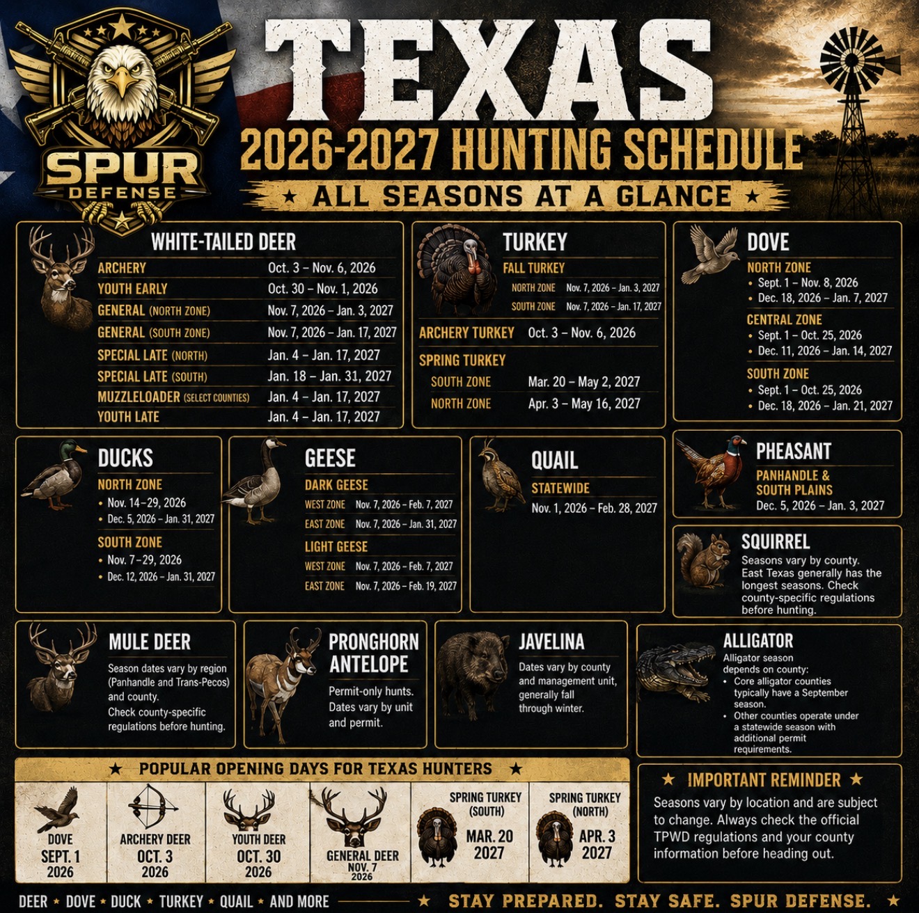 Spur Defense Texas 2026–2027 hunting schedule, enlarged