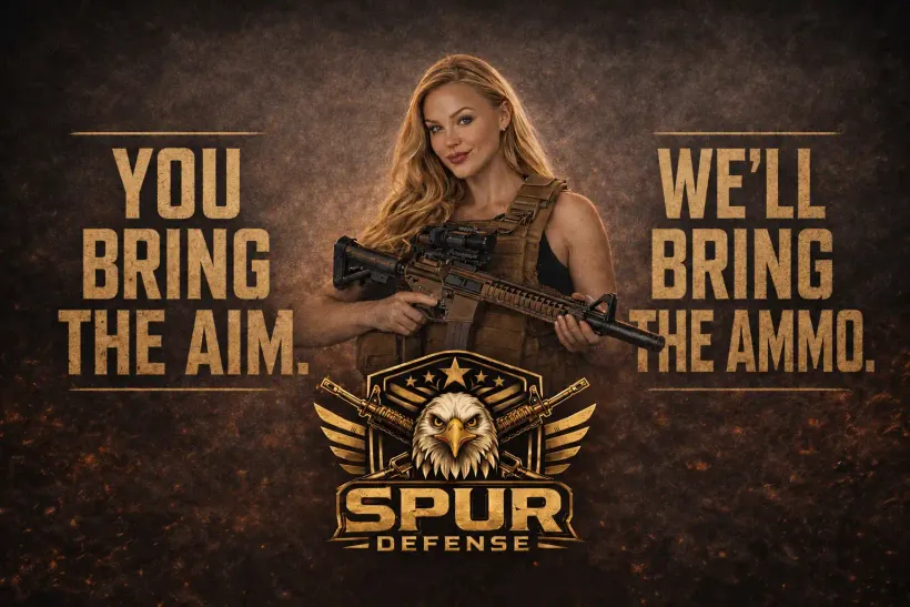 A woman in a tactical vest holding an AR-15, beneath the Spur Defense eagle emblem — 'You bring the aim. We'll bring the ammo.'